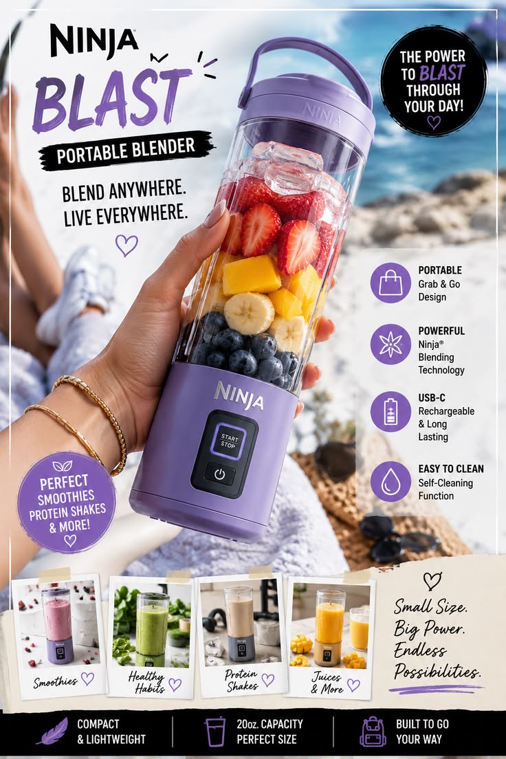Portable Mini Blender – Rechargeable Personal Juicer for Smoothies, Shakes & Fresh Fruit Drinks