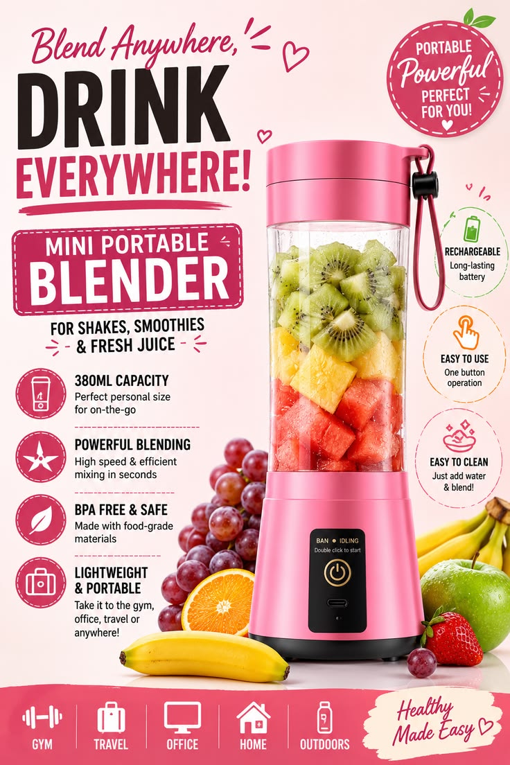 Portable Mini Blender – Rechargeable Personal Juicer for Smoothies, Shakes & Fresh Fruit Drinks