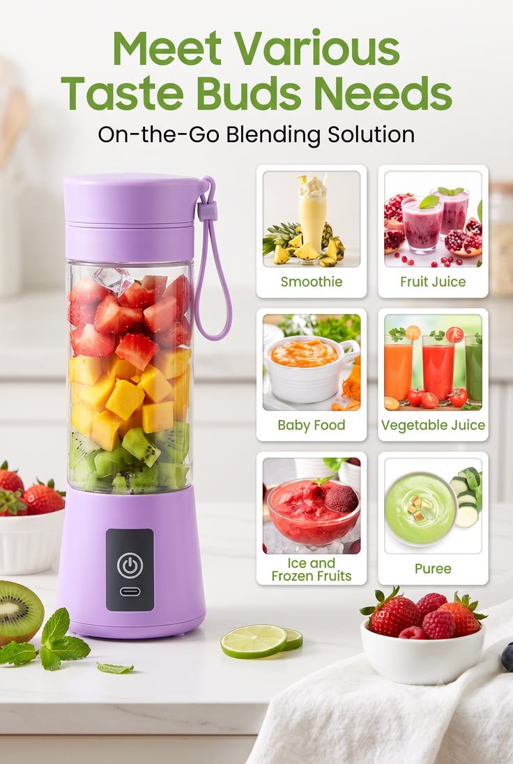 Portable Mini Blender – Rechargeable Personal Juicer for Smoothies, Shakes & Fresh Fruit Drinks